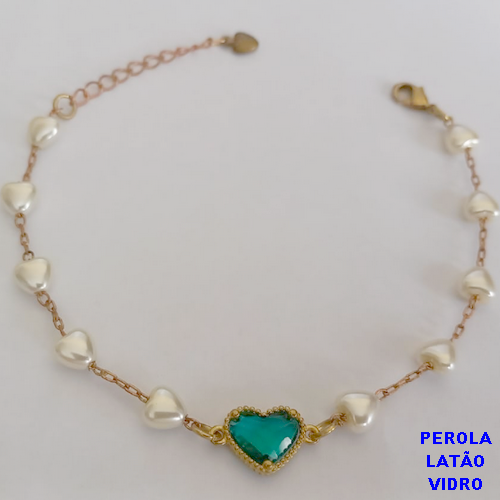 PULSEIRA NO PRUTO PRONTO PARA O BANHO(TODA EM  PEROLA  DE CORAÇÃO DE 18CM (COM CORAÇÃO DE VIDRO) - TOTAL 5.2GR - BRU10983