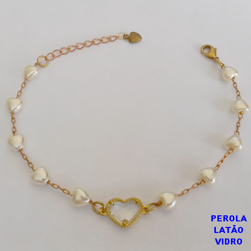 PULSEIRA NO PRUTO PRONTO PARA O BANHO(TODA EM  PEROLA  DE CORAÇÃO DE 18CM (COM CORAÇÃO DE VIDRO) - TOTAL 5.2GR - BRU10984