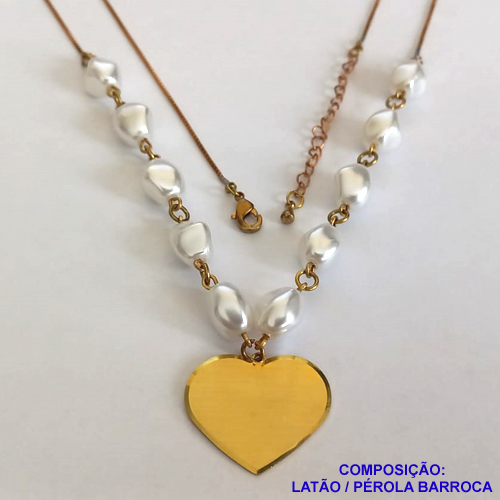 GARGANTILHA NO BRUTO PRONTO PARA O BANHO - COM PÉROLAS BARROCAS E PINGENTE CORAÇÃO 20X24MM (4705) - COM CORRENTE VENEZIANA - TAMANHO 60CM + EXTENSOR - PESO: 9,1GR - BRU11224