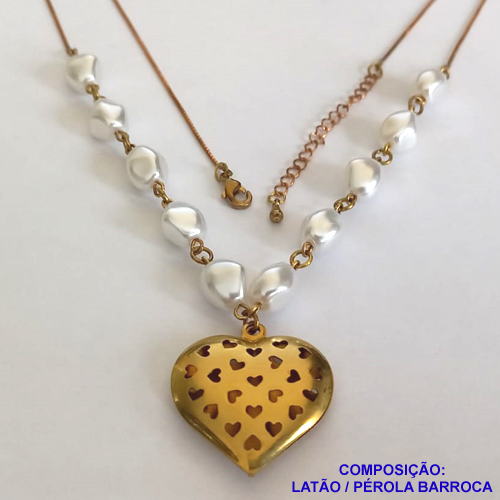 GARGANTILHA NO BRUTO PRONTO PARA O BANHO - COM PÉROLAS BARROCAS E PINGENTE CORAÇÃO DUPLO DETALHES VAZADOS 25X27MM (304) - COM CORRENTE VENEZIANA - TAMANHO 60CM + EXTENSOR - PESO: 9,6GR - BRU11225