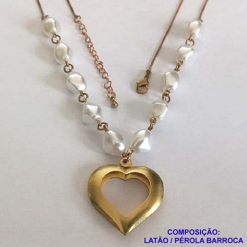 GARGANTILHA NO BRUTO PRONTO PARA O BANHO - COM PÉROLAS BARROCAS E PINGENTE CORAÇÃO DUPLO VAZADO 26X28MM (303) - COM CORRENTE VENEZIANA - TAMANHO 60CM + EXTENSOR - PESO: 9,9GR - BRU11226