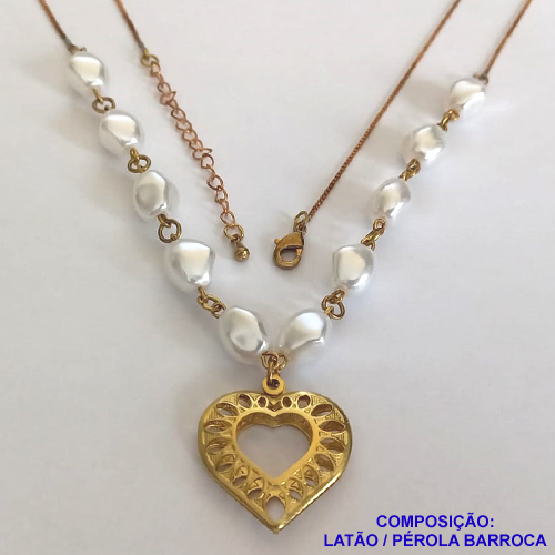 GARGANTILHA NO BRUTO PRONTO PARA O BANHO - COM PÉROLAS BARROCAS E PINGENTE CORAÇÃO DUPLO VAZADO 26X28MM (395) - COM CORRENTE VENEZIANA - TAMANHO 60CM + EXTENSOR - PESO: 9,1GR - BRU11227