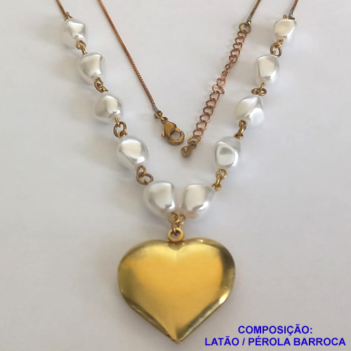 GARGANTILHA NO BRUTO PRONTO PARA O BANHO - COM PÉROLAS BARROCAS E PINGENTE CORAÇÃO DUPLO LISO 26X28MM (394) - COM CORRENTE VENEZIANA - TAMANHO 60CM + EXTENSOR - PESO: 11,2GR - BRU11228