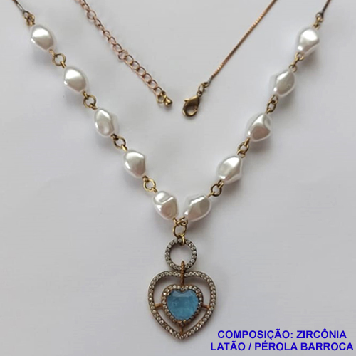 GARGANTILHA NO BRUTO PRONTO PARA O BANHO (CX40) - COM PÉROLAS BARROCAS E PINGENTE CORAÇÃO COM ZIRCÔNIA AZUL E BASE CRAVEJADA EM MICROS ZIRCÔNIAS CRISTAIS 21X23MM - COM CORRENTE VENEZIANA - TAMANHO 60CM + EXTENSOR - PESO: 10,6GR - BRU11232