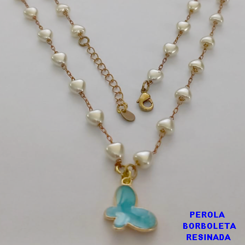 GARGANTILHA NO BRUTO PRONTO PARA O BANHO - COM PÉROLAS DE CORAÇÃO COM PINGENTEDE BORBOLETA RESINADA - TAMANHO 50CM + EXTENSOR - PESO: 6.5GR - BRU10990