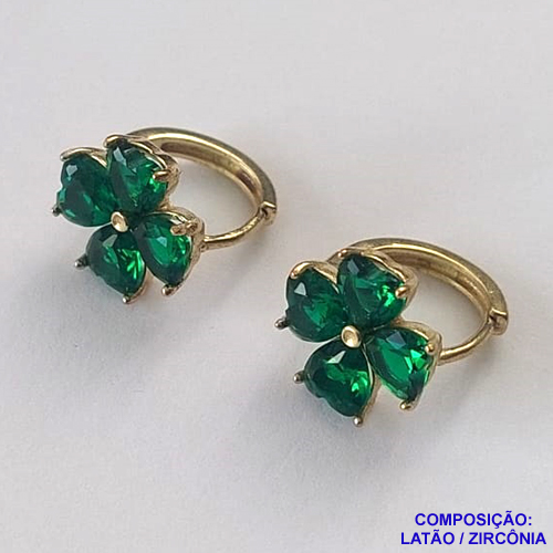 BRINCO NO BRUTO PRONTO BANHO(CX01) - BRINCO FLOR COM ZIRCÔNIAS VERDES - ARGOLINHA DE PRESSÃO (TRANQUETA) TAMANHO 10X10MM - PESO TOTAL 2,7GR - BRU12251