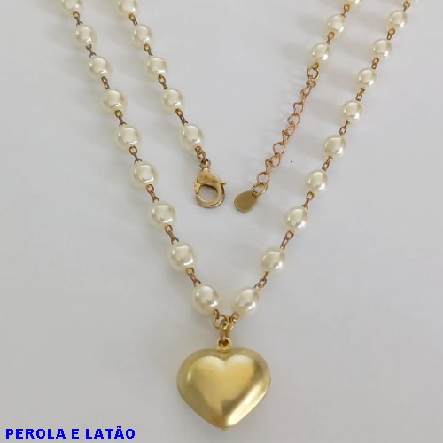 GARGANTILHA NO BRUTO PRONTO PARA O BANHO - CORRENTE COM PÉROLAS 5MM E PINGENTE CORAÇÃO 15X16MM (806) - TAMANHO 60CM + EXTENSOR - PESO: 13,8GR - BRU11284