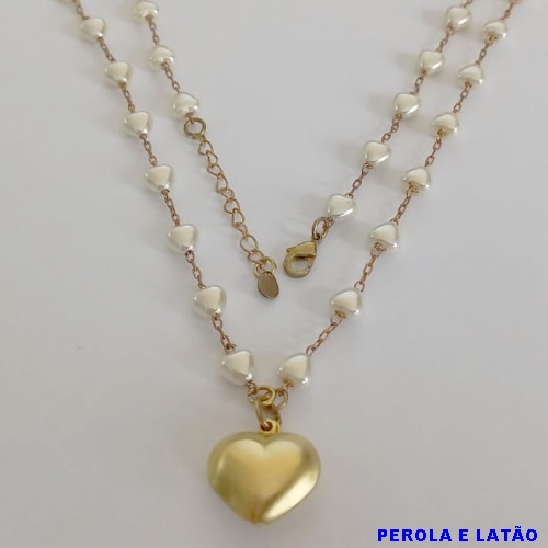 GARGANTILHA NO BRUTO PRONTO PARA O BANHO - CORRENTE COM PÉROLAS FORMATO CORAÇÃO 5MM E PINGENTE CORAÇÃO 15X16MM (806) - TAMANHO 60CM + EXTENSOR - PESO: 8,1GR - BRU11287