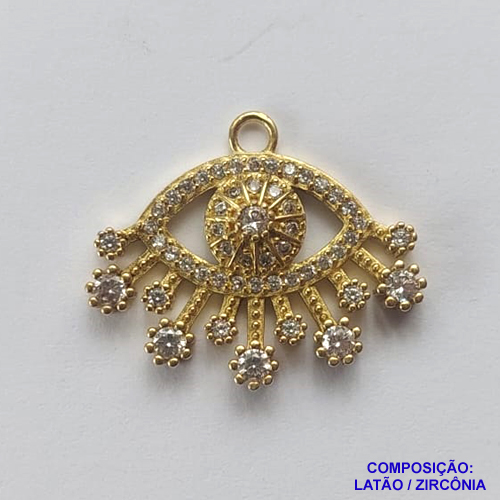 PINGENTE NO BRUTO PRONTO PARA O BANHO (CX31) - PINGENTE OLHO GREGO VAZADO COM IMAGEM CRAVEJADO EM MICROS ZIRCÔNIAS - COMPOSIÇÃO: LATÃO / ZIRCÔNIA - TAMANHO 17X20MM -  PESO TOTAL 1.8GR - BRU12295