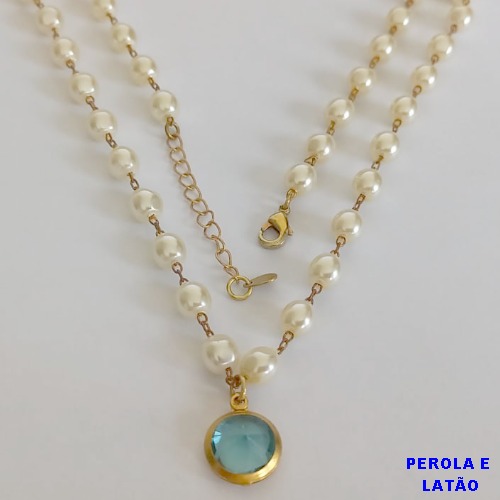 SHOCKER NO BRUTO PRONTO PARA O BANHO - CORRENTE COM PÉROLAS 5MM E PINGENTE EM ZIRCÔNIA AZUL CLARO 10MM  - TAMANHO 40CM + EXTENSOR - PESO: 8,2GR - BRU12299