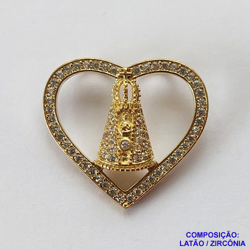 ACESSÓRIO NO BRUTO PRONTO PARA O BANHO (CX21)- PINGENTE CORAÇÃO NOSSA SRA APARECIDA VAZADO CRAVEJADO EM MICROS ZIRCÔNIAS - COMPOSIÇÃO: LATÃO / ZIRCÔNIA  - TAMANHO 7X18MM - PESO TOTAL 1,3GR - BRU12411