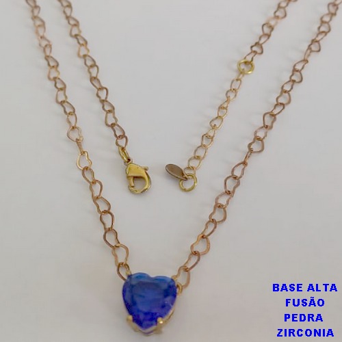 SHOCKER NO BRUTO PRONTO PARA O BANHO - CORRENTE CORAÇÕES E PINGENTE EM ZIRCÔNIA AZUL ESCURO 10X10MM  - TAMANHO 40CM + EXTENSOR - PESO: 3,6GR - BRU12421