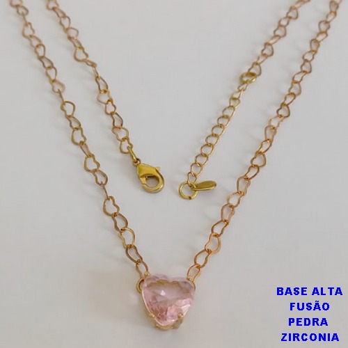 SHOCKER NO BRUTO PRONTO PARA O BANHO - CORRENTE CORAÇÕES E PINGENTE EM ZIRCÔNIA ROSA 10MM  - TAMANHO 40CM + EXTENSOR - PESO: 3,6GR - BRU12423