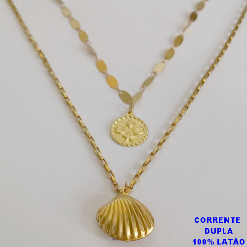 GARGANTILHA NO BRUTO PRONTO PARA O BANHO(corrente dupla) CORRENTE TIJOLINHO 55CM/CORRENTE DE CHAPINHA 50CM) PESO TOTAL 11.5GR ( Tartar/concha/búzio/estrela Do Mar)((Sereia 15mm) COM FECHO LAGOSTA + EXTENSOR- BRU12307