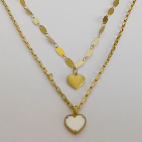 GARGANTILHA NO BRUTO PRONTO PARA O BANHO(corrente dupla) CORRENTE TIJOLINHO 55CM/CORRENTE DE CHAPINHA 50CM) PESO TOTAL 10GR ( CORAÇÃO EM LATÃO E CORAÇÃO DE RESINA DE 10MM) COM FECHO LAGOSTA + EXTENSOR- BRU12319