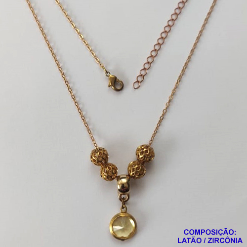 GARGANTILHA NO BRUTO PRONTO PARA O BANHO - COM CORRENTE CADEADO DE 45CM + EXTENSOR - PINGENTE ZIRCÔNIA AMARELA 10MM E BOLINHAS COM DETALHES VAZADOS - PESO TOTAL 4,4GR - BRU12457