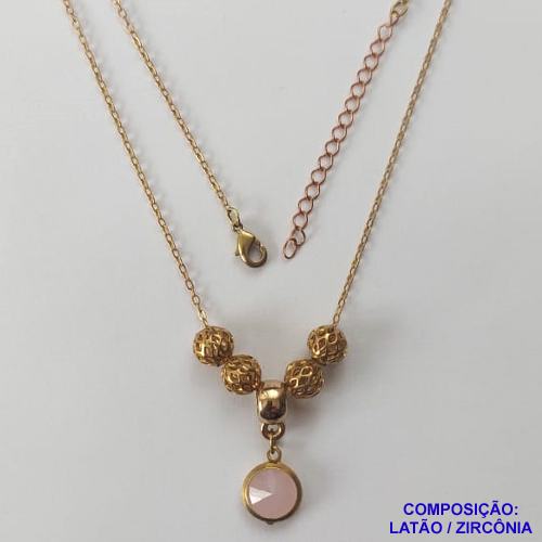 GARGANTILHA NO BRUTO PRONTO PARA O BANHO - COM CORRENTE CADEADO DE 45CM + EXTENSOR - PINGENTE ZIRCÔNIA ROSA 10MM E BOLINHAS COM DETALHES VAZADOS - PESO TOTAL 4,4GR - BRU12458