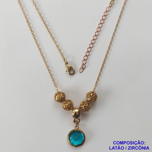 GARGANTILHA NO BRUTO PRONTO PARA O BANHO - COM CORRENTE CADEADO DE 45CM + EXTENSOR - PINGENTE ZIRCÔNIA AZUL CLARA 10MM E BOLINHAS COM DETALHES VAZADOS - PESO TOTAL 4,4GR - BRU12460