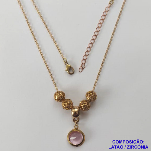 GARGANTILHA NO BRUTO PRONTO PARA O BANHO - COM CORRENTE CADEADO DE 45CM + EXTENSOR - PINGENTE ZIRCÔNIA ROSA 10MM E BOLINHAS COM DETALHES VAZADOS - PESO TOTAL 4,4GR - BRU12461