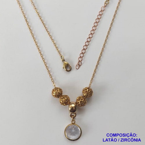 GARGANTILHA NO BRUTO PRONTO PARA O BANHO - COM CORRENTE CADEADO DE 45CM + EXTENSOR - PINGENTE ZIRCÔNIA CRISTAL 10MM E BOLINHAS COM DETALHES VAZADOS - PESO TOTAL 4,4GR - BRU12469