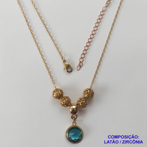 GARGANTILHA NO BRUTO PRONTO PARA O BANHO - COM CORRENTE CADEADO DE 45CM + EXTENSOR - PINGENTE ZIRCÔNIA AZUL CLARA 10MM E BOLINHAS COM DETALHES VAZADOS - PESO TOTAL 4,4GR - BRU12470