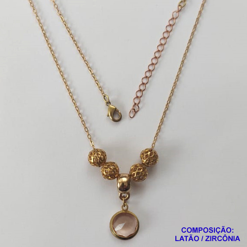 GARGANTILHA NO BRUTO PRONTO PARA O BANHO - COM CORRENTE CADEADO DE 45CM + EXTENSOR - PINGENTE ZIRCÔNIA ROSA CLARA 10MM E BOLINHAS COM DETALHES VAZADOS - PESO TOTAL 4,4GR - BRU12471