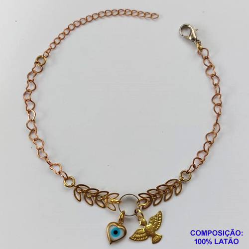 PULSEIRA NO BRUTO PRONTO PARA O BANHO(CX62) - PULSEIRA COM ESPÍRITO SANTO E CORAÇÃO COM OLHO GREGO - TAMANHO 15CM + EXTENSOR - PESO 2,4GR - BRU12482