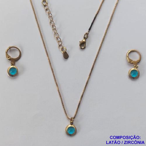 CONJUNTO NO BRUTO PRONTO PARA O BANHO -  CONJUNTO INFANTIL COM ZIRCÔNIA AZUL 6X6MM - GARGANTIHA COM CORRENTE VENEZIANA DE 35CM + EXTENSOR - BRINCO ARGOLINHA DE PRESSÃO (TRANQUETA) - PESO TOTAL 3,7GR - BRU12500