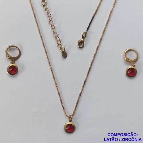 CONJUNTO NO BRUTO PRONTO PARA O BANHO -  CONJUNTO INFANTIL COM ZIRCÔNIA VERMELHA 6X6MM - GARGANTIHA COM CORRENTE VENEZIANA DE 35CM + EXTENSOR - BRINCO ARGOLINHA DE PRESSÃO (TRANQUETA) - PESO TOTAL 3,7GR - BRU12502