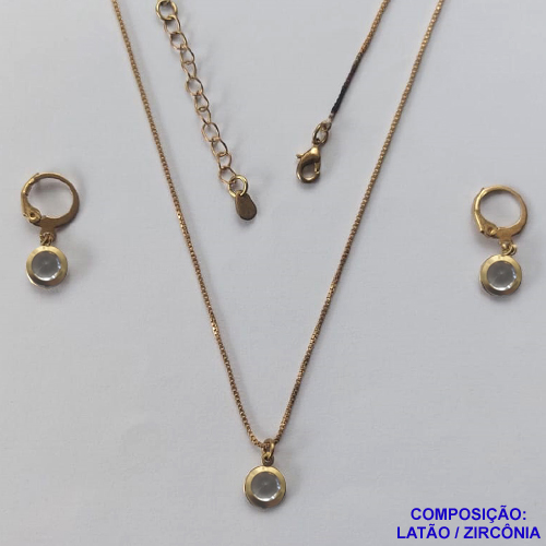 CONJUNTO NO BRUTO PRONTO PARA O BANHO - CONJUNTO ZIRCÔNIA CRISTAL 6X6MM - GARGANTILHA COM CORRENTE VENEZIANA DE 45CM + EXTENSOR - BRINCO ARGOLINHA DE PRESSÃO (TRANQUETA) - PESO TOTAL 4,1GR - BRU12524