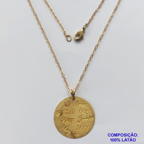 GARGANTILHA NO BRUTO PRONTO PARA O BANHO - GARGANTILHA COM CORRENTE CADEADO 45CM E PINGENTE EM FOTOCORROSÃO - PINGENTE REDONDO EM FOTOCORROSÃO PALAVRAS SORTE AMOR SAÚDE PAZ (FC5042) - TAMANHO 23x23MM - PESO TOTAL 2,5GR - BRU12540