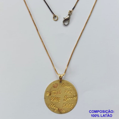 GARGANTILHA NO BRUTO PRONTO PARA O BANHO - GARGANTILHA COM CORRENTE VENEZIANA 45CM E PINGENTE EM FOTOCORROSÃO - PINGENTE REDONDO EM FOTOCORROSÃO PALAVRAS SORTE AMOR SAÚDE PAZ (FC5042) - TAMANHO 23x23MM - PESO TOTAL 2,9GR - BRU12541