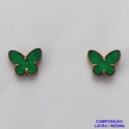 ACESSÓRIO BRINCO NO BRUTO PRONTO PARA O BANHO(CX44) - BRINCO DE PINO TIPO VAN CLEEF BORBOLETA VERDE - TAMANHO 9MM - PESO TOTAL DO PAR 1,3GR - COMPOSIÇÃO: LATÃO / RESINA  BRU12550