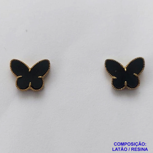 ACESSÓRIO BRINCO NO BRUTO PRONTO PARA O BANHO(CX44) - BRINCO DE PINO TIPO VAN CLEEF BORBOLETA PRETA - TAMANHO 9MM - PESO TOTAL DO PAR 1,3GR - COMPOSIÇÃO: LATÃO / RESINA  BRU12551