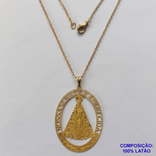 GARGANTILHA NO BRUTO PRONTO PARA O BANHO - GARGANTILHA COM CORRENTE CADEADO 45CM - PINGENTE OVAL EM FOTOCORROSÃO NOSSA SRA APARECIDA (FC0960) - TAMANHO 29x37MM - PESO TOTAL 3,2GR - BRU12553