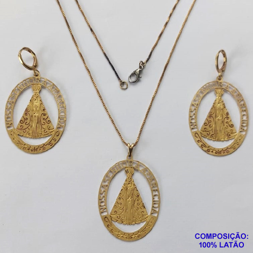 CONJUNTO NO BRUTO PRONTO PARA O BANHO - CONJUNTO COM CORRENTE VENEZIANA 45CM - E BRINCOS ARGOLINHA DE PRESSÃO (TRANQUETA)E PINGENTE OVAL EM FOTOCORROSÃO NOSSA SRA APARECIDA (FC0960) - TAMANHO 29x37MM - PESO TOTAL 8GR - BRU12555