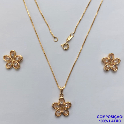 CONJUNTO FOLHEADO A OURO - BANHADO COM 5 MILÉSIMOS + VERNIZ DIAMOND - CORRENTE VENEZIANA 45CM E BRINCOS DE PINOS COM PINGENTES FLOR COM ZIRCÔNIAS CRISTAIS 15X15MM - FECHO REDONDO - OURO024