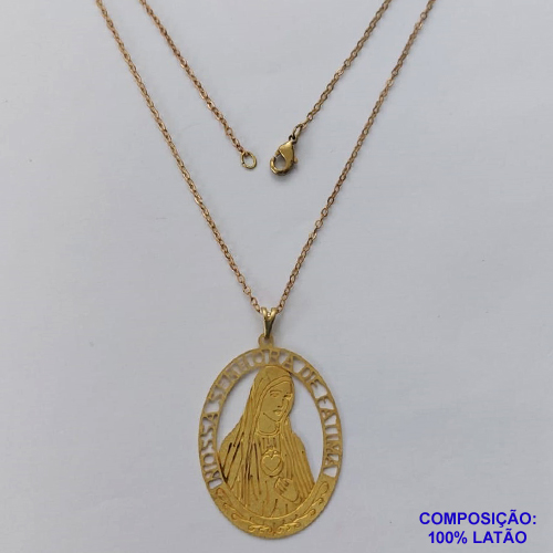 GARGANTILHA NO BRUTO PRONTO PARA O BANHO - GARGANTILHA COM CORRENTE CADEADO 45CM E PINGENTE OVAL EM FOTOCORROSÃO NOSSA SRA DE FÁTIMA (FC0961) - TAMANHO 29x37MM - PESO TOTAL 3,8GR - BRU12563