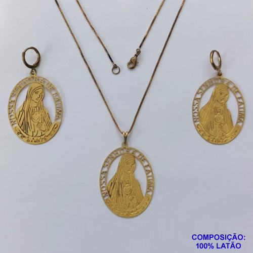 CONJUNTO NO BRUTO PRONTO PARA O BANHO - CONJUNTO COM CORRENTE VENEZIANA 45CM E BRINCOS ARGOLINHA DE PRESSÃO (TRANQUETA) PINGENTES OVAIS EM FOTOCORROSÃO NOSSA SRA DE FÁTIMA (FC0961) - TAMANHO 29x37MM - PESO TOTAL 9,7GR - BRU12565