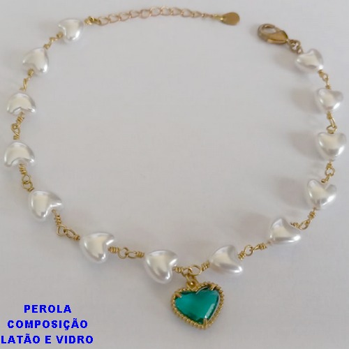 PULSEIRA NO BRUTO PRONTO PARA O BANHO - PULSEIRA TODA EM PÉROLA CORAÇÃO E PINGENTE CORAÇÃO TIPO VAN CLEEF VERDE EM VIDRO 10MM - TAMANHO 18CM + EXTENSOR - PESO: 4GR - BRU12575