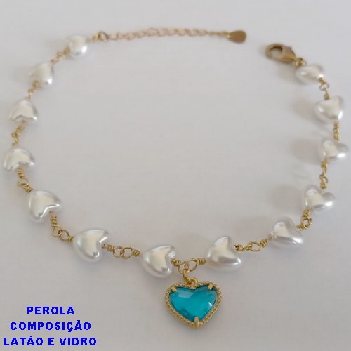 PULSEIRA NO BRUTO PRONTO PARA O BANHO - PULSEIRA TODA EM PÉROLA CORAÇÃO E PINGENTE CORAÇÃO TIPO VAN CLEEF AZUL EM VIDRO 10MM - TAMANHO 18CM + EXTENSOR - PESO: 4GR - BRU12576
