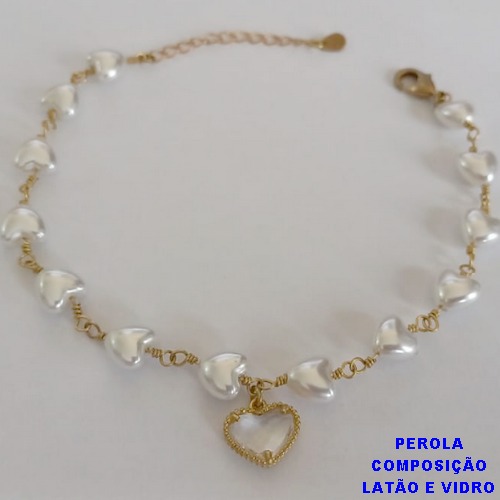 PULSEIRA NO BRUTO PRONTO PARA O BANHO - PULSEIRA TODA EM PÉROLA CORAÇÃO E PINGENTE CORAÇÃO TIPO VAN CLEEF CRISTAL EM VIDRO 10MM - TAMANHO 18CM + EXTENSOR - PESO: 4GR - BRU12580