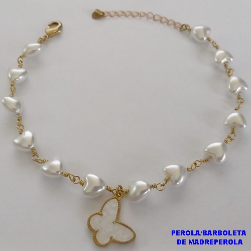 PULSEIRA NO BRUTO PRONTO PARA O BANHO - PULSEIRA TODA EM PÉROLA CORAÇÃO E PINGENTE BORBOLETA TIPO VAN CLEEF MADRE PÉROLA EM RESINA 10MM - TAMANHO 18CM + EXTENSOR - PESO: 4GR - BRU12583