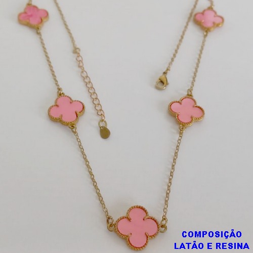 SHOCKER NO BRUTO PRONTO PARA O BANHO TIPO VAN CLEEF ROSA - SHOCKER  COM 5 PINGENTES 15MM COM CORRENTE LONGA DE 40CM + EXTENSOR - PESO TOTAL: 6,4GR - COMPOSIÇÃO: LATÃO / RESINA - BRU12585