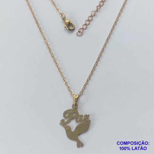 GARGANTILHA NO BRUTO PRONTO PARA O BANHO - (CX64) GARGANTILHA COM CORRENTE CADEADO 45CM E PINGENTE EM FOTOCORROSÃO POMBA PAZ - TAMANHO 16x22MM - PESO TOTAL 1,8GR - BRU12596