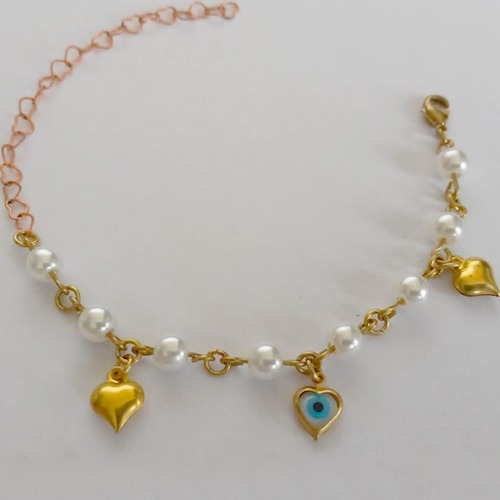 PULSEIRA NO BRUTO PRONTO PARA O BANHO(CX62) - PULSEIRA COM PÉROLAS, CORAÇÕES E OLHO GREGO - TAMANHO 18CM - PESO 3,1GR - FECHO LAGOSTA - BRU12628