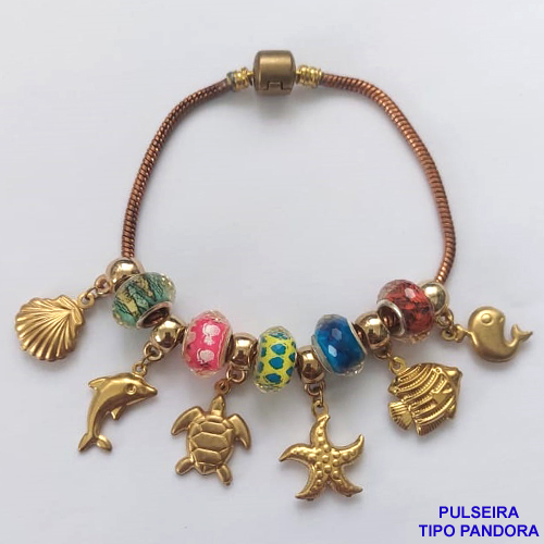 PULSEIRA NO BRUTO PRONTO PARA O BANHO - PULSEIRA TIPO (PANDORA) TAMANHO 20CM COM 11 BERLOQUES COM TEMA MARINHO - PESO TOTAL 22GR - COMPOSIÇÃO LATÃO - BRU12634