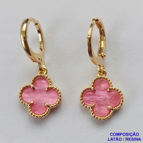 BRINCO FOLHEADO A OURO - BANHADO COM 5 MILÉSIMOS + VERNIZ DIAMOND - BRINCO TIPO VAN CLEEF 10MM ROSA - OURO038