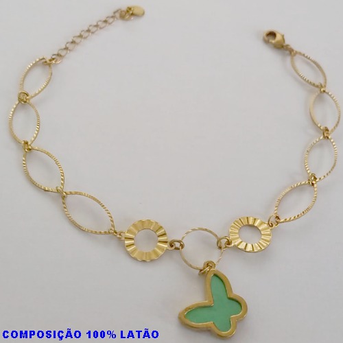 PULSEIRA NO BRUTO PRONTO PARA O BANHO -  PULSEIRA COM ELEMENTOS VAZADOS E PINGENTE BORBOLETA TIPO VAN CLEEF VERDE 15MM - TAMANHO: 18CM + EXTENSOR - PESO: 3,6GR - BRU12643
