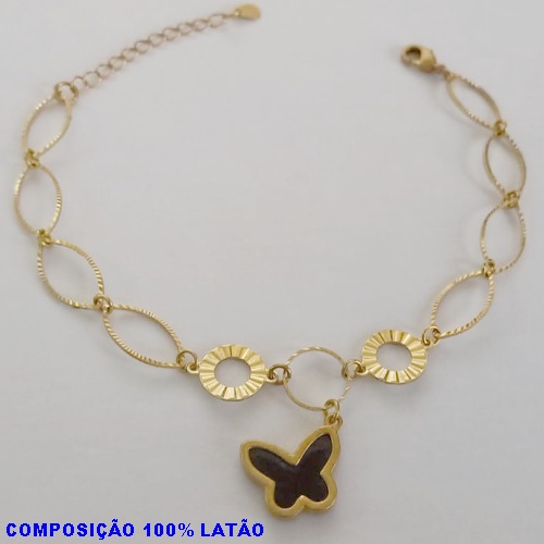 PULSEIRA NO BRUTO PRONTO PARA O BANHO -  PULSEIRA COM ELEMENTOS VAZADOS E PINGENTE BORBOLETA TIPO VAN CLEEF PRETA 15MM - TAMANHO: 18CM + EXTENSOR - PESO: 3,6GR - BRU12644